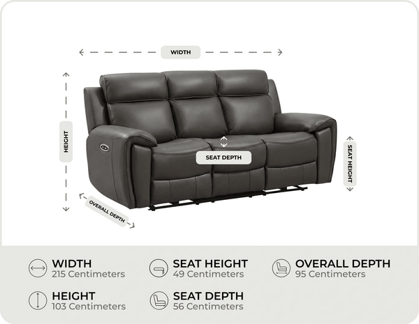 Leo Genuine Leather Grey Electric Power Recliner 3 Seater Sofa measurements