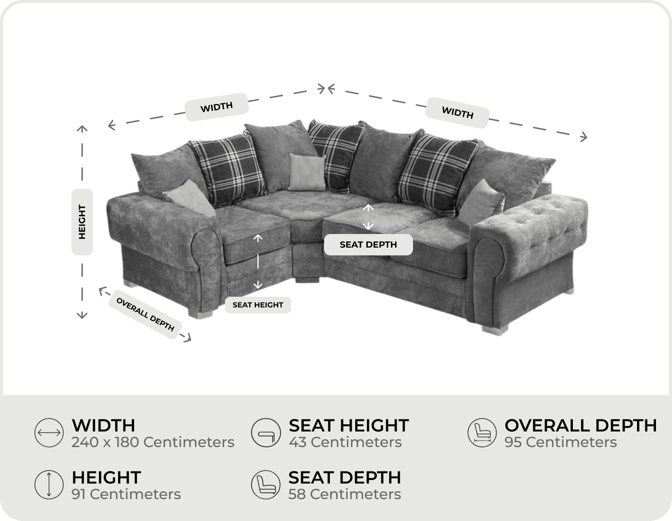 Florence Scatter Grey Fabric Left Corner Sofa measurements