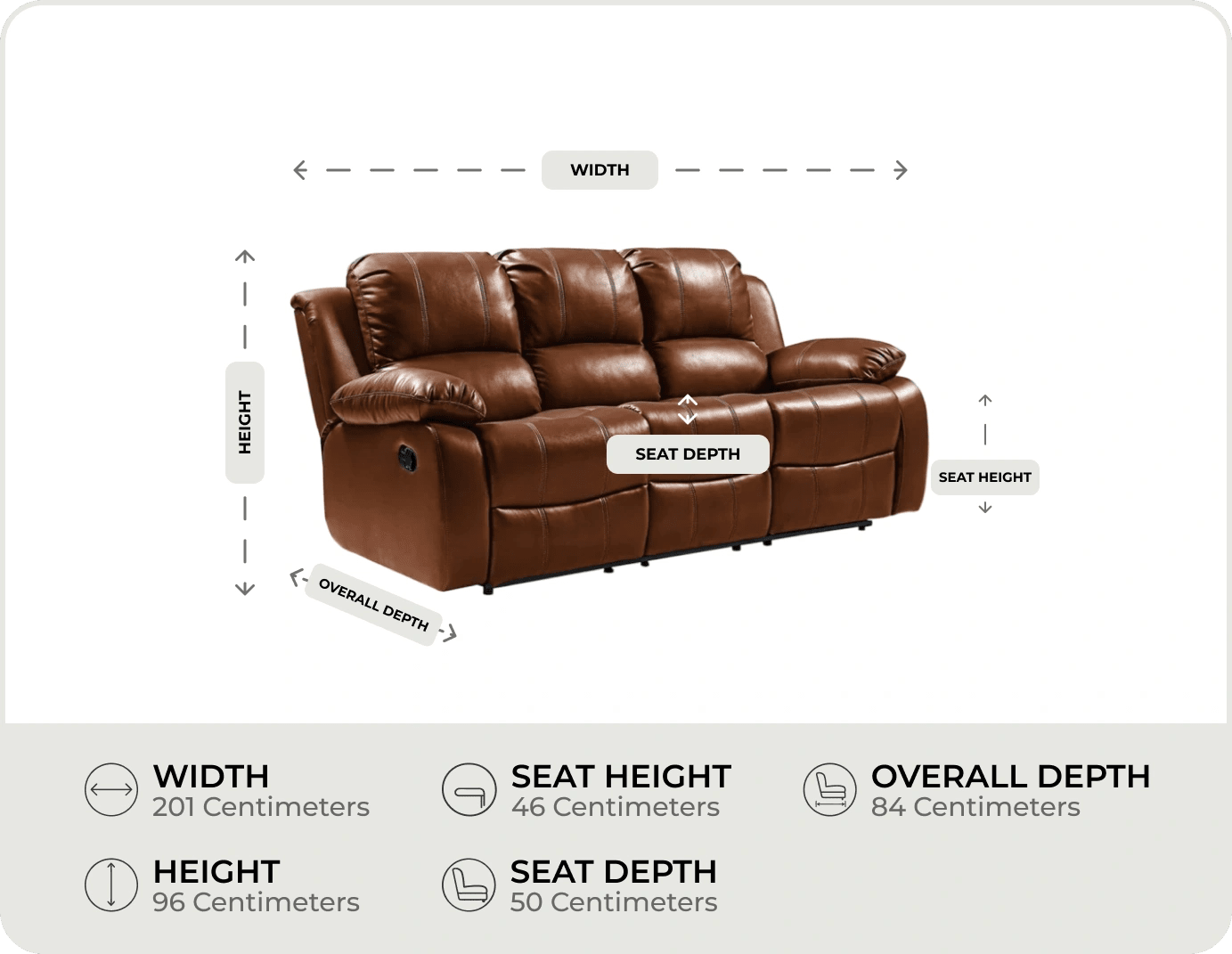 York Tan Leather 3 Seater Manual Recliner Sofa measurement