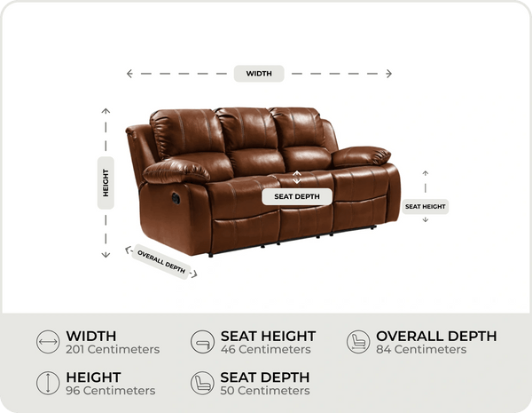 York Tan Leather 3 Seater Manual Recliner Sofa measurement