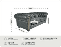 Chesterfield Green Leather Antique 3 Seater Sofa - measurements