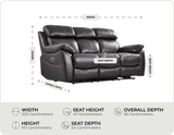 Torino Genuine Leather Black  Electric Power Recliner 3 Seater measurements