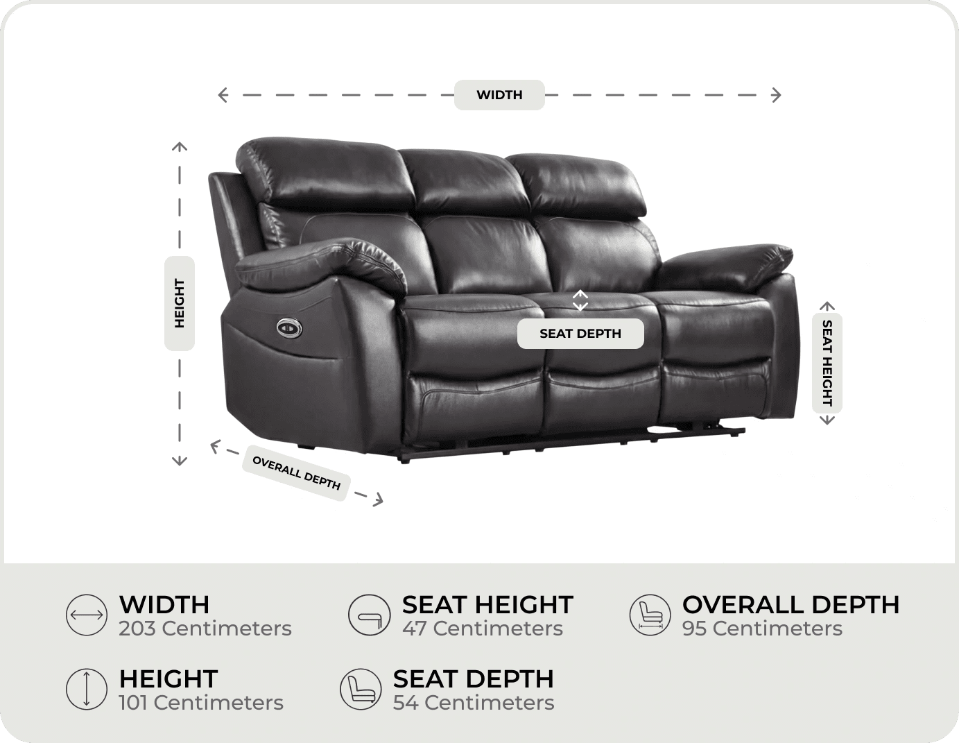 Torino Genuine Leather Black  Electric Power Recliner 3 Seater measurements