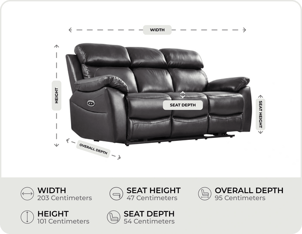 Torino Genuine Leather Black  Electric Power Recliner 3 Seater measurements