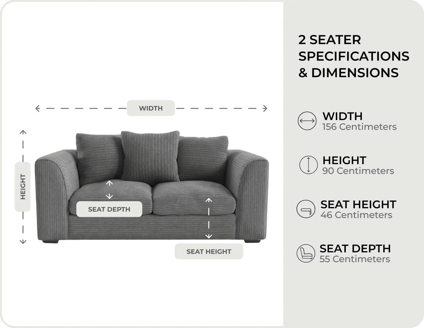 Oxford Grey Fabric 2 Seater Sofa measurements