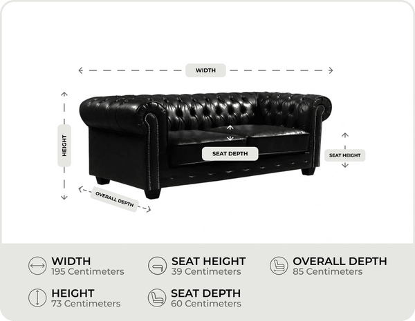 Chesterfield Black Leather Antique 3 Seater Sofa measurement