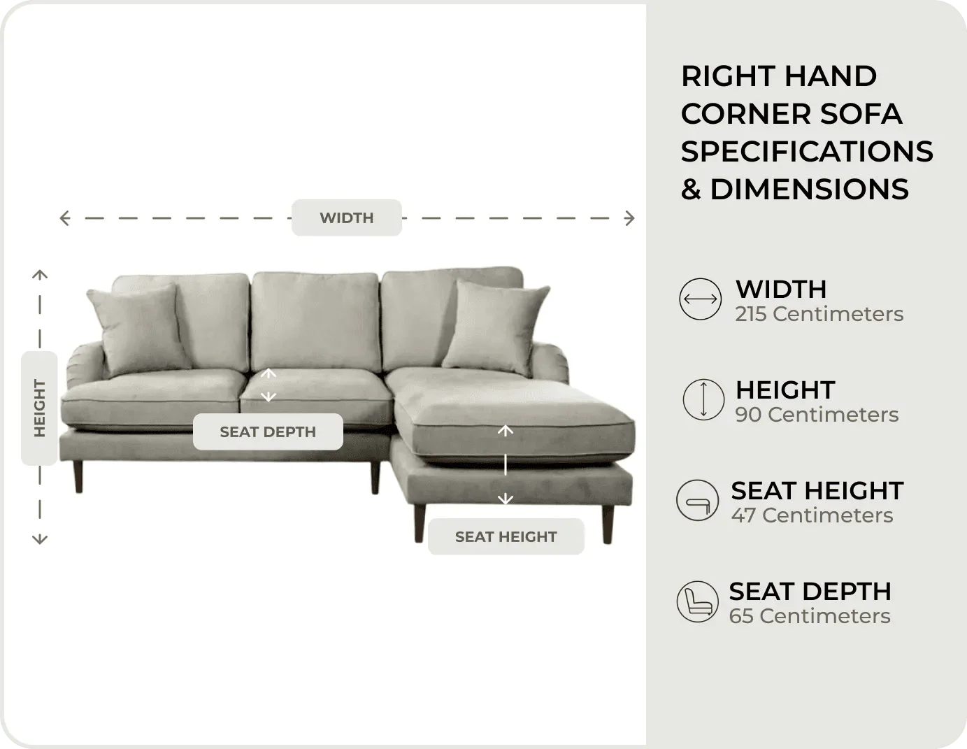 Durham Silver Fabric Right Hand Corner Sofa measurements