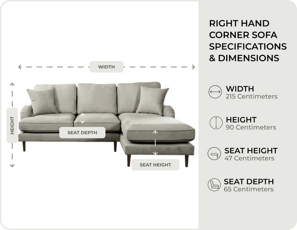 Durham Silver Fabric Right Hand Corner Sofa measurements