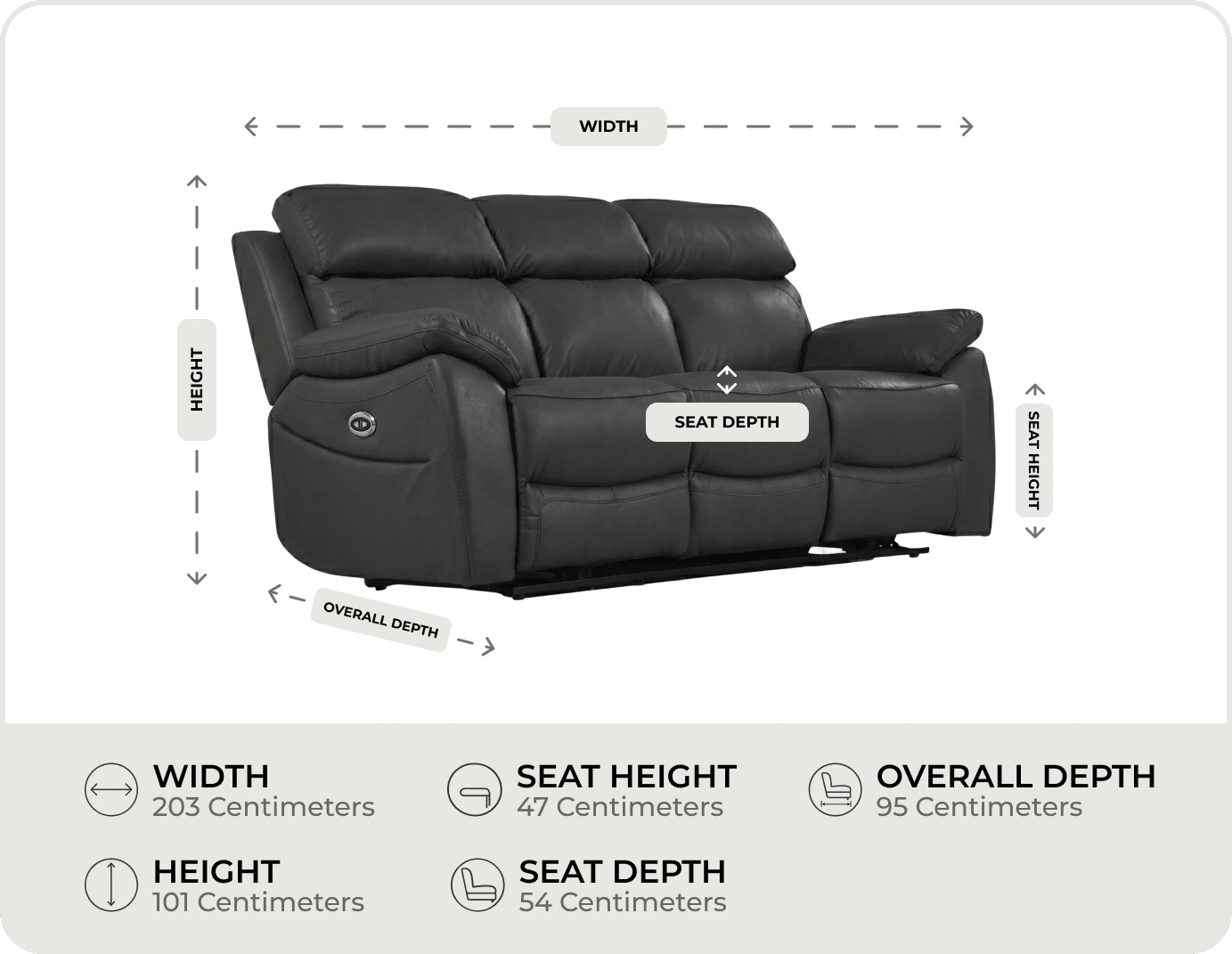 Torino Genuine Leather Grey Electric Power Recliner 3 Seater Sofa measurements