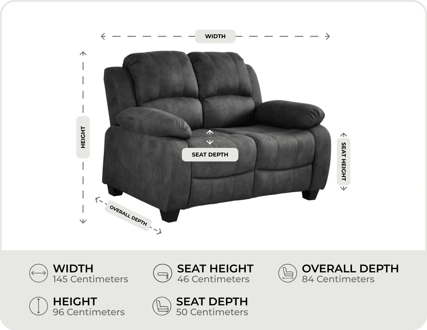 Veloura Charcoal Fabric 2 Seater Sofa measurement