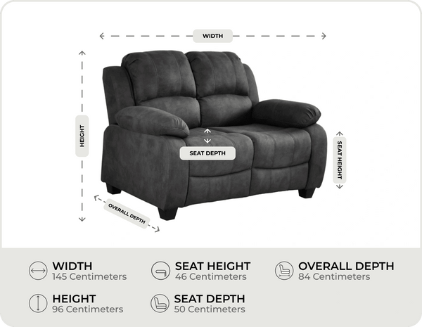 Veloura Charcoal Fabric 2 Seater Sofa measurement