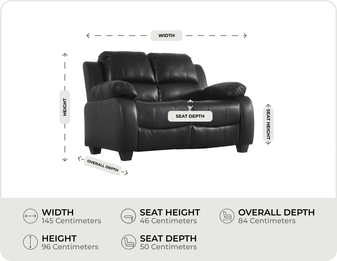 Veloura Black Leather 2 Seater Sofa measurement