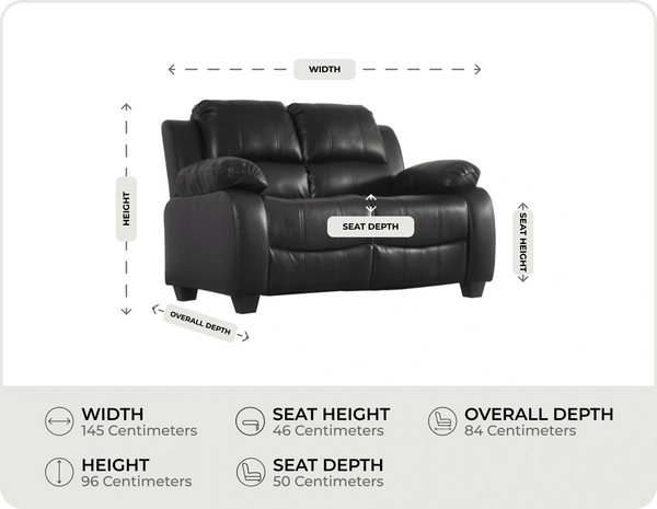 Veloura Black Leather 2 Seater Sofa measurement