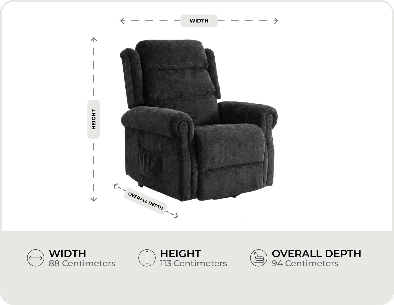 Cambridge Black Fabric Rise & Recline Mobility Chair measurements