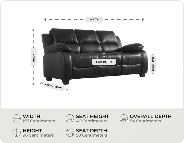 Veloura Black Leather 3 Seater Sofa measurement