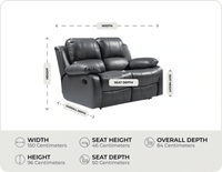 York Grey Leather 2 Seater Manual Recliner Sofa measurement