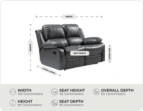 York Grey Leather 2 Seater Manual Recliner Sofa measurement
