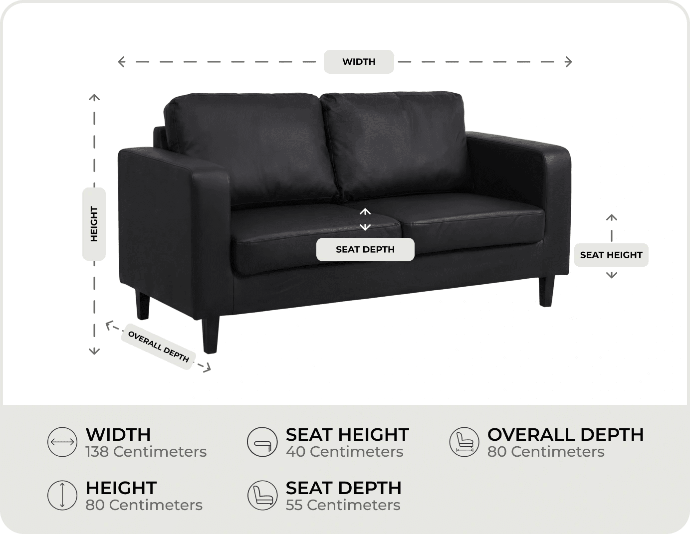Nova Black Leather 2 Seater Sofa measurements