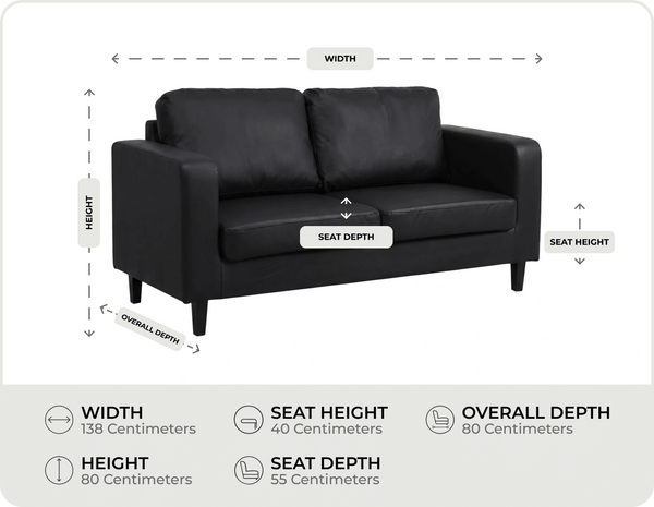 Nova Black Leather 2 Seater Sofa measurements