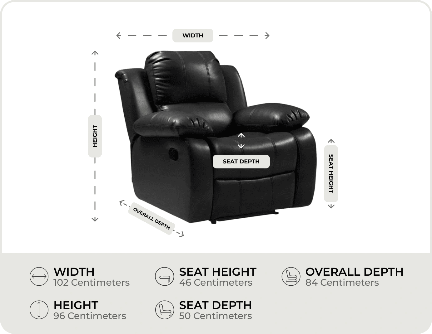 York Black Leather Manual Recliner Armchair measurement