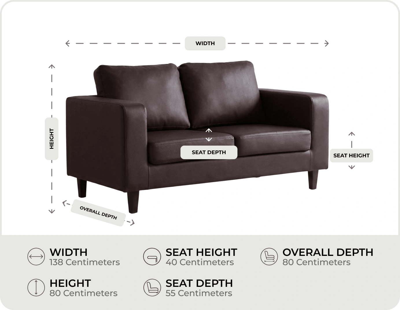 Nova Brown Leather 2 Seater Sofa measurements