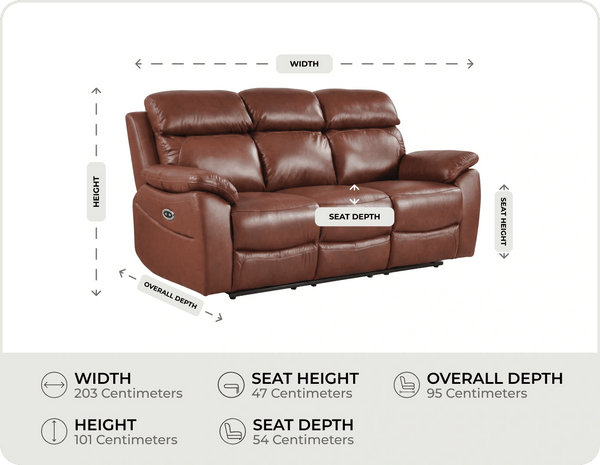Torino Genuine Leather Tan Electric Power Recliner 3 Seater Sofa measurements