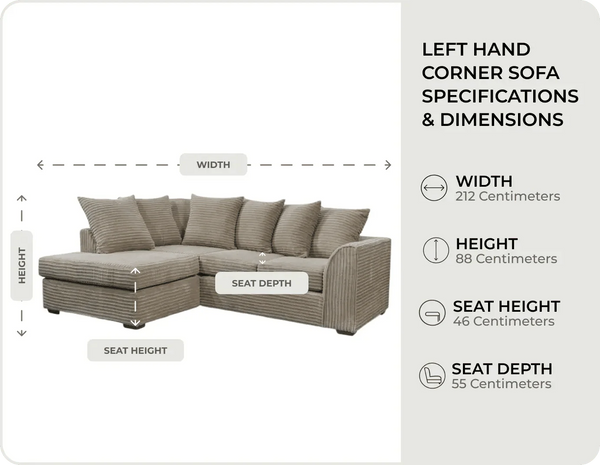 Oxford Caramel Fabric Left Hand Corner Sofa measurements
