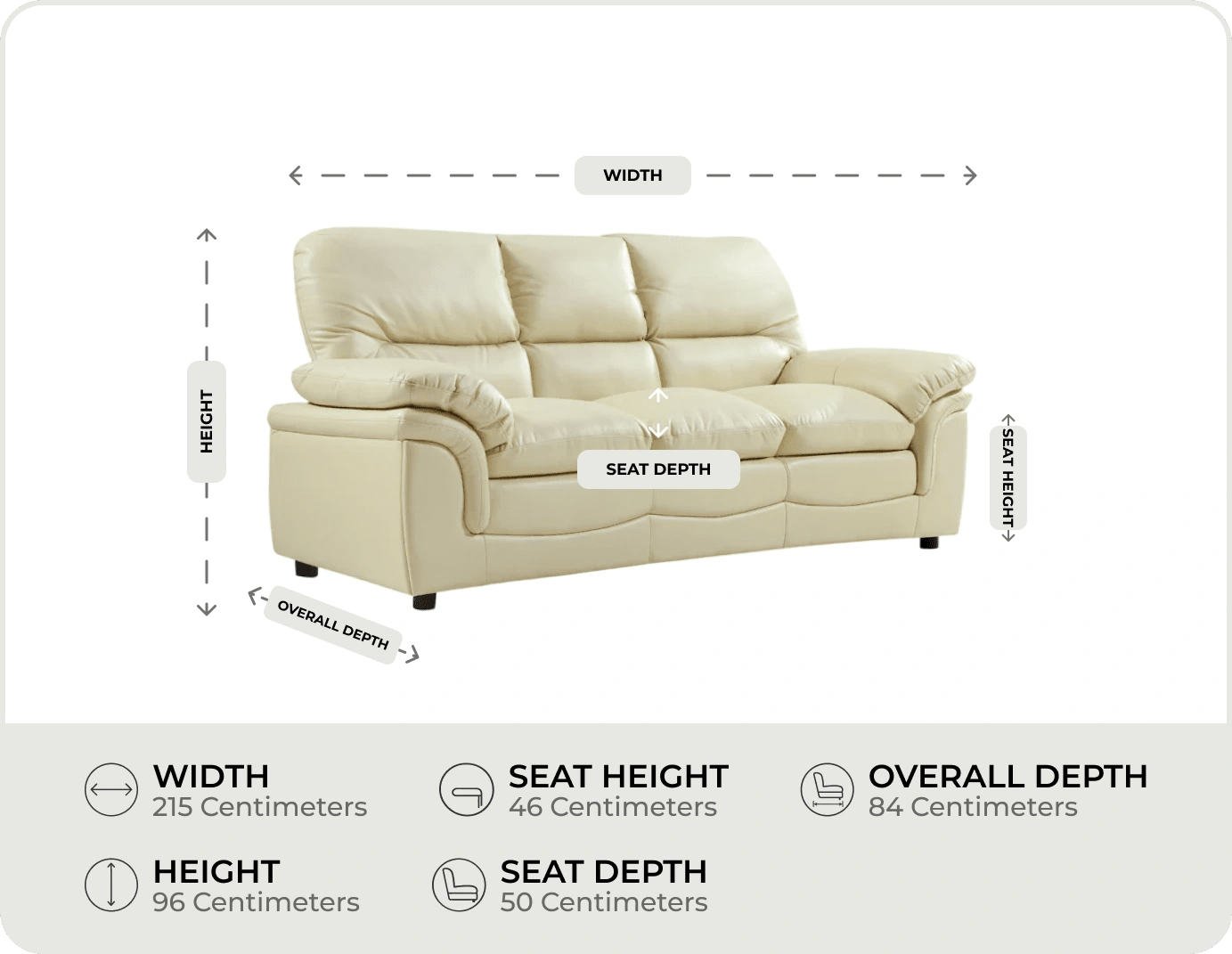 Florence Cream Leather 3 Seater Sofa measurement