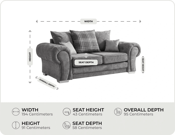 Florence Scatter Grey Fabric 3 Seater Sofa measurements