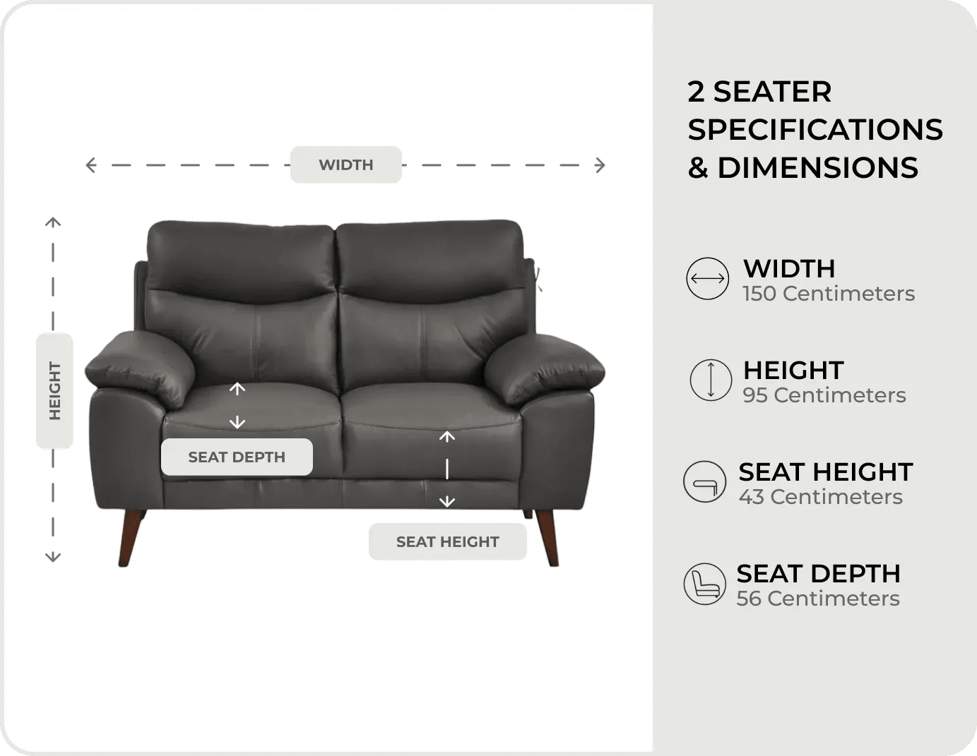 Ascot Grey Leather 2 seater measurements