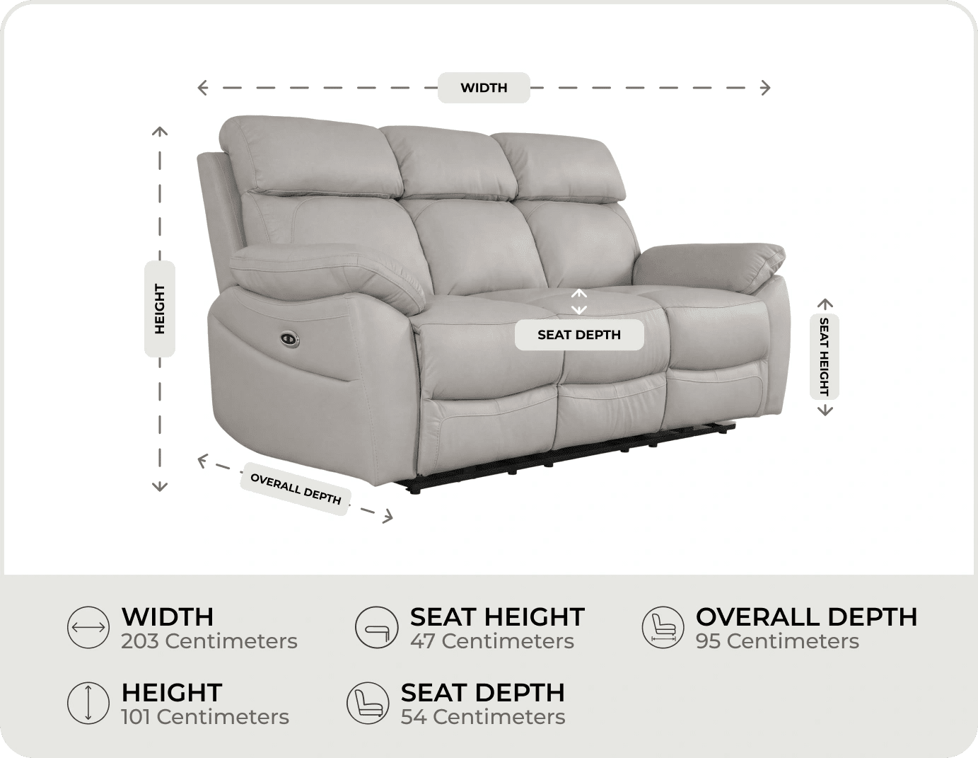 Torino Genuine Leather Light Grey Electric Power Recliner 3 Seater Sofa    measurements
