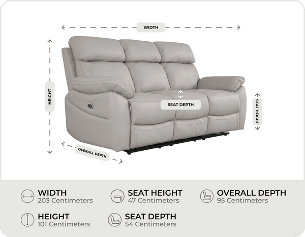 Torino Genuine Leather Light Grey Electric Power Recliner 3 Seater Sofa    measurements
