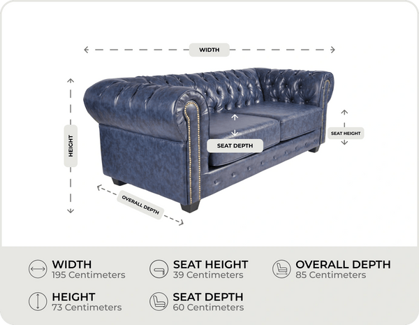 Chesterfield Blue Leather Antique 3 Seater Sofa measurement