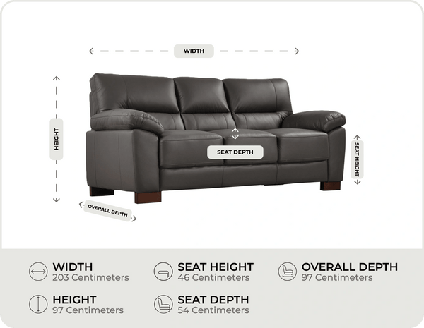 Dalmore Genuine Leather Grey 3 Seater Sofa measurement
