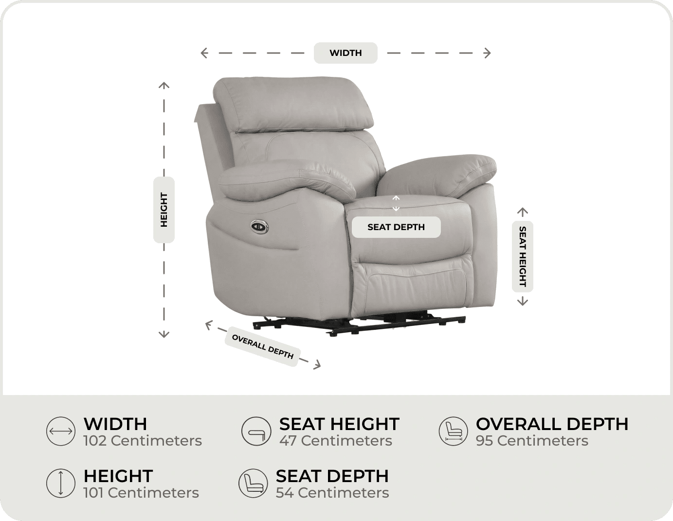 Torino Genuine Leather Light Grey Electric Power Recliner Armchair    measurements
