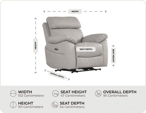 Torino Genuine Leather Light Grey Electric Power Recliner Armchair    measurements
