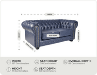 Chesterfield Blue Leather Antique 2 Seater Sofa - measurements