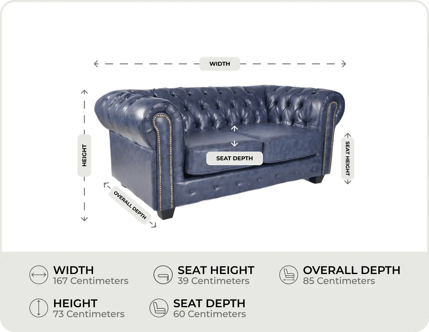 Chesterfield Blue Leather Antique 2 Seater Sofa - measurements