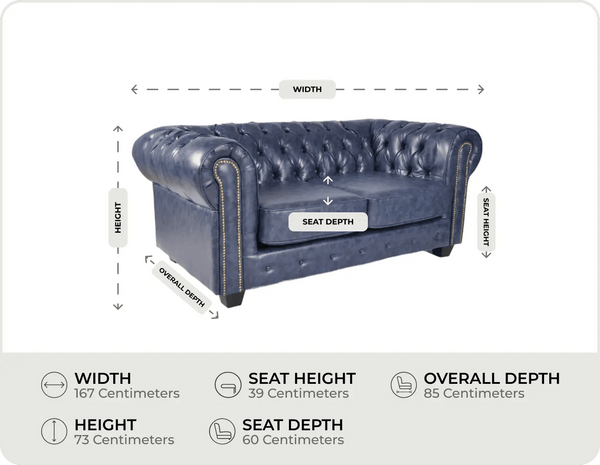 Chesterfield Blue Leather Antique 2 Seater Sofa - measurements