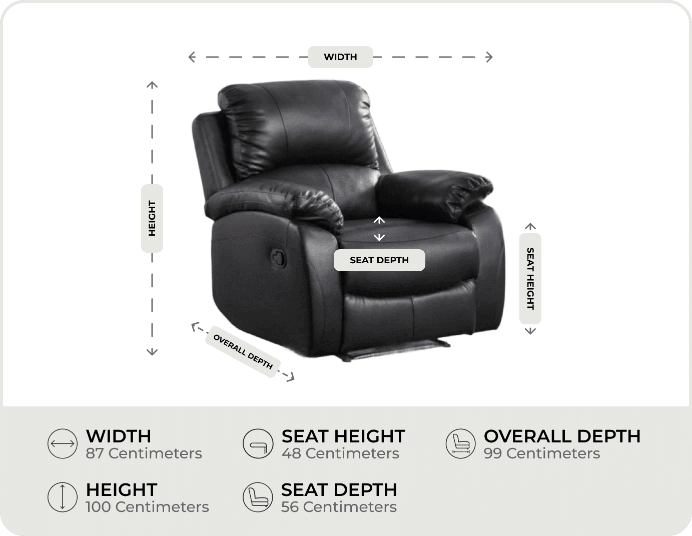 Serano Black Leather Manual Recliner Armchair measurements
