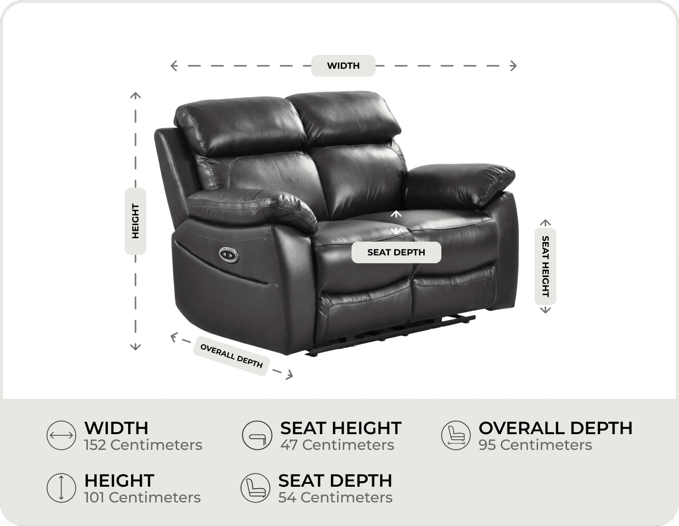 Torino Genuine Leather Black  Electric Power Recliner 2 Seater measurements