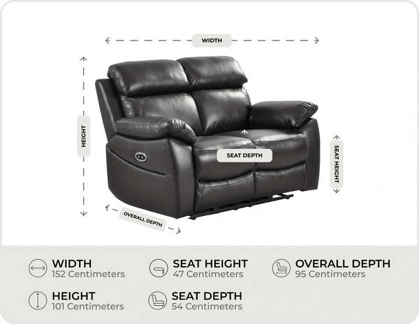 Torino Genuine Leather Black  Electric Power Recliner 2 Seater measurements