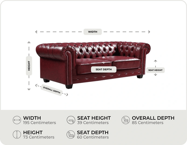 Chesterfield Red Leather Antique 3 Seater Sofa measurements