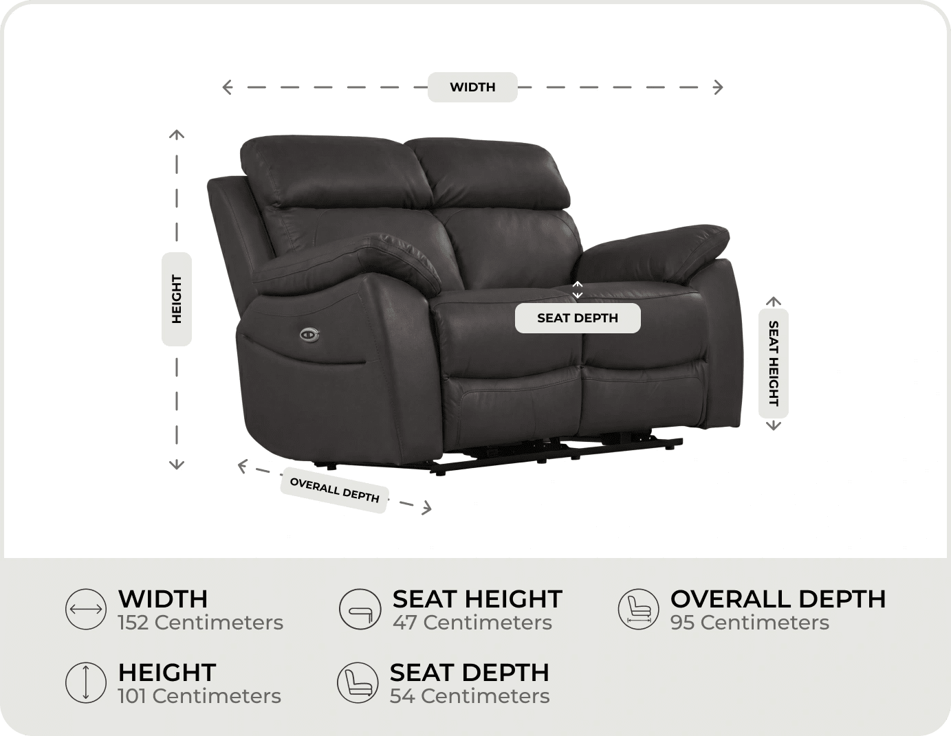 Torino Genuine Leather Grey Electric Power Recliner 2 Seater Sofa measurement