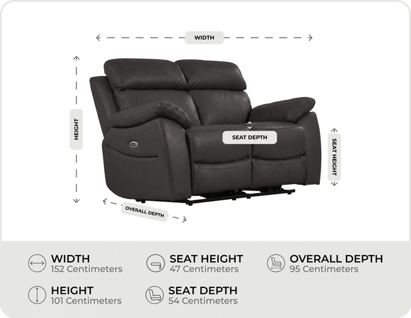 Torino Genuine Leather Grey Electric Power Recliner 2 Seater Sofa measurement