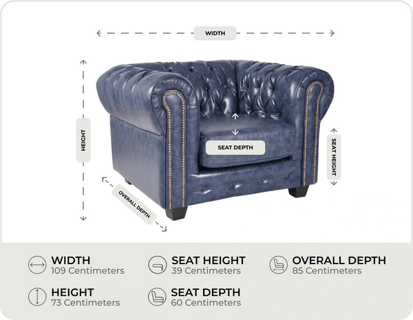 Chesterfield Blue Leather Antique Armchair measurement