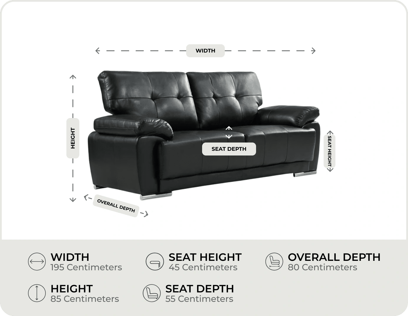 Brighton Black Leather 3 Seater Sofa Sofa    measurements
