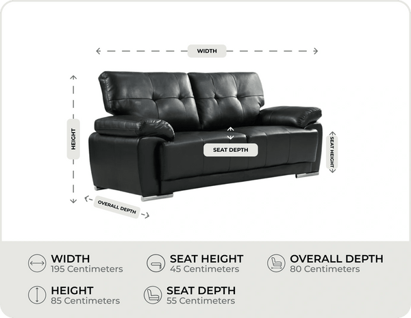 Brighton Black Leather 3 Seater Sofa Sofa    measurements
