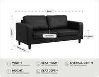 Nova Black Leather 3 Seater Sofa measurements