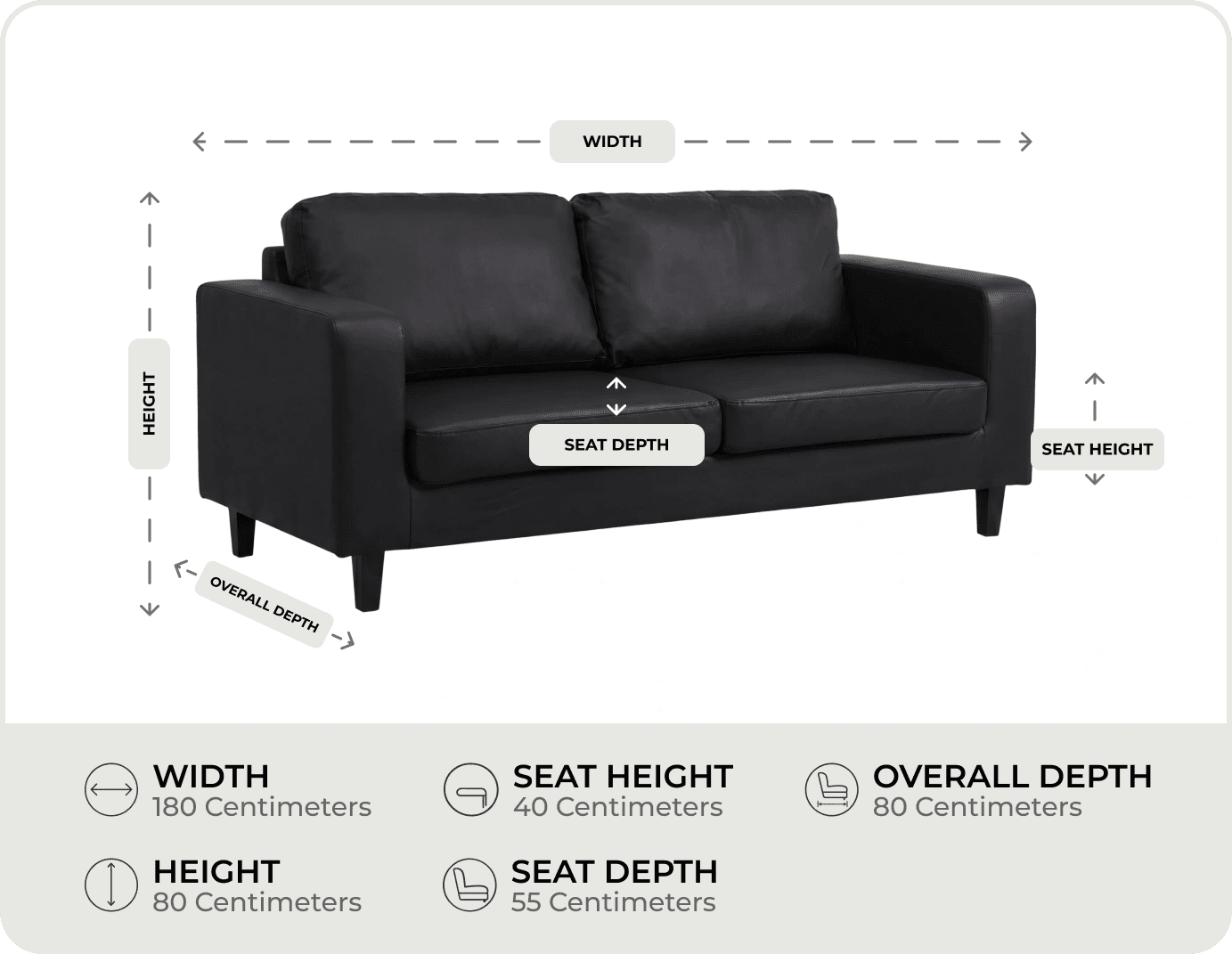 Nova Black Leather 3 Seater Sofa measurements
